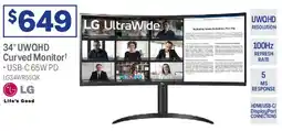 Officeworks LG 34" UWQHD Curved Monitor offer