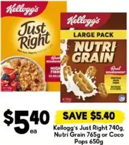 Drakes Kellogg's Just Right 740g. Nutri Grain or Coco Pops offer