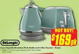 The Good Guys DeLonghi Icona Capitals Breakfast Pack Kettle and 2 Slice Toaster - Green offer