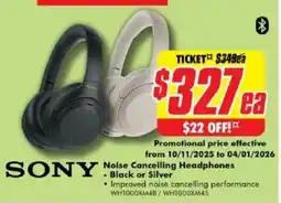 The Good Guys SONY Noise Cancelling Headphones - Black or Silver offer