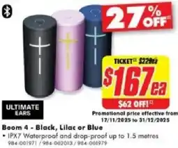 The Good Guys ULTIMATE EARS Boom 4 - Black, Lilac or Blue offer