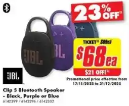 The Good Guys JBL Clip 5 Bluetooth Speaker - Black, Purple or Blue offer
