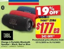 The Good Guys JBL Charge 6 Portable Bluetooth Speaker - Black, Red or Blue offer