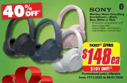 The Good Guys SONY Wireless Noise Cancelling Headphones - Black, Blue, White or Pink offer