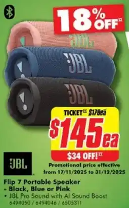 The Good Guys JBL Flip 7 Portable Speaker - Black, Blue or Pink offer