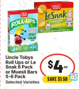 IGA Uncle Tobys Roll Ups or Le Snak or Muesli Bars Selected Varieties offer