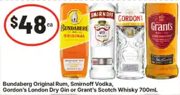IGA Bundaberg Original Rum, Smirnoff Vodka, Gordon's London Dry Gin or Grant's Scotch Whisky offer