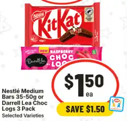 IGA Nestlé Medium Bars or Darrell Lea Choc Logs Selected Varieties offer