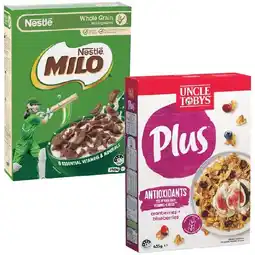 Woolworths Uncle Tobys Plus 410-435g or Nestlé Milo Cereal 330-350g offer