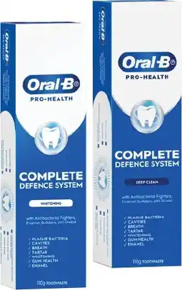 Coles Oral B Pro Health Complete Defence Deep Clean or Whitening Toothpaste 110g offer