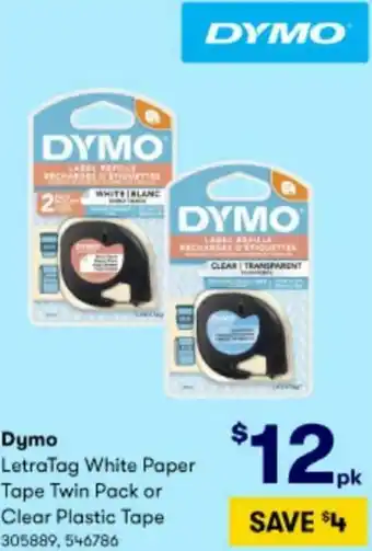 BIG W Dymo LetraTag White Paper Tape Twin Pack Or Clear Plastic Tape offer
