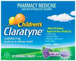 Discount Drug Stores Claratyne Children’s Hayfever & Allergy Relief Grape Flavour 50 Chewable Tablets offer