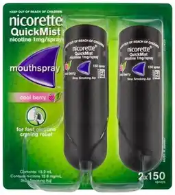 Discount Drug Stores Nicorette QuickMist Mouthspray Cool Berry 2 x 150 Sprays offer