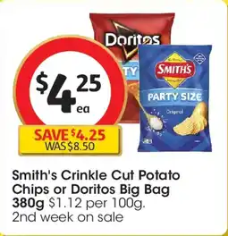 Coles Smith's Crinkle Cut Potato Chips or Doritos Big Bag offer