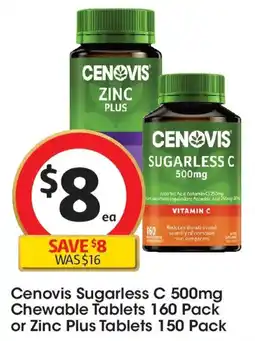 Coles Cenovis Sugarless C 500mg Chewable Tablets 160 Pack or Zinc Plus Tablets offer