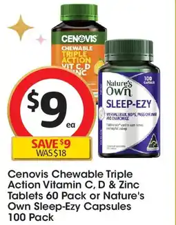 Coles Cenovis Chewable Triple Action Vitamin C, D & Zinc Tablets 60 Pack or Nature's Own Sleep-Ezy Capsules offer