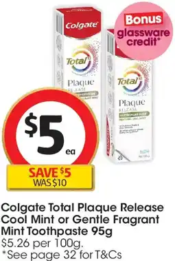 Coles Colgate Total Plaque Release Cool Mint or Gentle Fragrant Mint Toothpaste offer