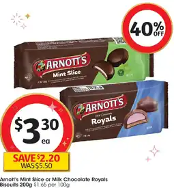 Coles Arnott's Mint Slice or Milk Chocolate Royals Biscuits offer