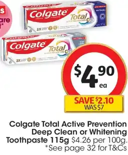 Coles Colgate Total Active Prevention Deep Clean or Whitening Toothpaste offer