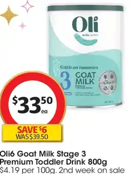 Coles Oli6 Goat Milk Stage 3 Premium Toddler Drink offer