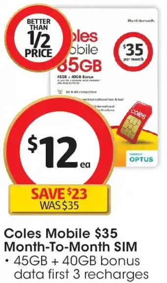 Coles Coles Mobile $35 Month-To-Month SIM offer