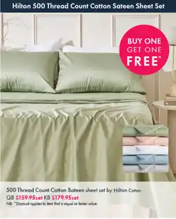 Pillow Talk 500 Thread Count Cotton Sateen sheet set by Hilton Cotton. offer