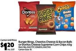 Campbells Wholesale Burger Rings, Cheetos Cheese & Bacon Balls or Doritos Cheese Supreme Corn Chips offer