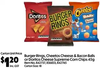 Campbells Wholesale Burger Rings, Cheetos Cheese & Bacon Balls or Doritos Cheese Supreme Corn Chips offer