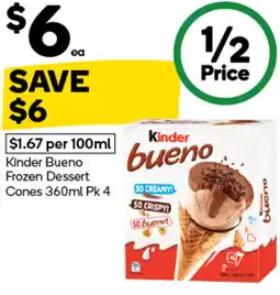 Woolworths Kinder Bueno Frozen Dessert Cones offer