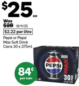 Woolworths Pepsi or Pepsi Max Soft Drink Cans offer