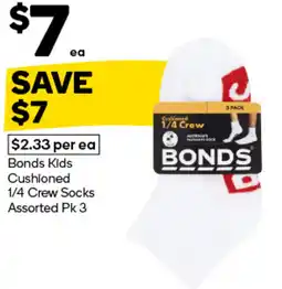 Woolworths Bonds Kids Cushioned 1/4 Crew Socks Assorted Pk 3 offer