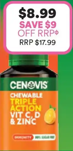 Priceline Cenovis Chewable Triple Action Vit C, D & Zinc Orange Flavour offer