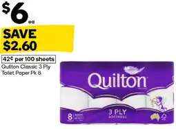 Woolworths Quilton Classic 3 Ply Toilet Paper Pk 8 offer