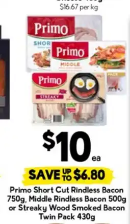 Drakes Primo Short Cut Rindless Bacon, Middle Rindless Bacon or Streaky Wood Smoked Bacon Twin Pack offer