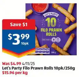 ALDI Let's Party Filo Prawn Rolls offer
