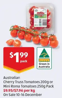 ALDI Australian Cherry Truss Tomatoes or Mini Roma Tomatoes offer