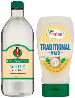 IGA Praise Squeezy Mayo 250‑280g, Cornwell’s White or Malt Vinegar 750mL Selected Varieties offer