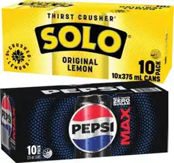 IGA Pepsi, Solo or Schweppes 10x375mL Selected Varieties offer