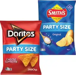 IGA Smith’s Crinkle Cut or Doritos Corn Chips 380g Party Size Selected Varieties offer