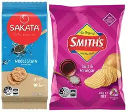 IGA Sakata Rice Crackers 80‑90g, Smith’s Crinkle Cut Chips or Twisties 45g Selected Varieties offer