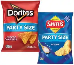 IGA Smith’s Crinkle Cut Chips or Doritos Corn Chips 380g Party Size Selected Varieties offer