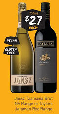 Cellarbrations Jansz Tasmania Brut NV Range or Taylors Jaraman Red Range offer