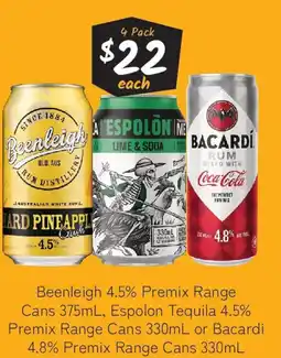 Cellarbrations Beenleigh 4.5% premix range cans , espolon tequila 4.5% premix range cans or bacardi 4.8% premix range cans offer