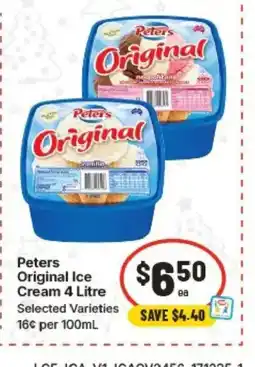 IGA Peters Original Ice Cream 4 Litre Selected Varieties offer