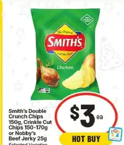 IGA Smith's Double Crunch Chips 150g, Crinkle Cut Chips 150-170g or Nobby's Beef Jerky 25g Selected Varieties offer