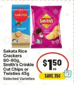 IGA Sakata Rice Crackers Smith's Crinkle Cut Chips or Twisties 45g offer