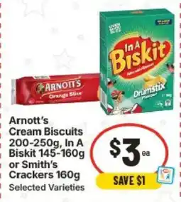 IGA ARNOTT'S cream biscuits 200-250g, In A Biskit 145-160g or Smith's Crackers 160g offer