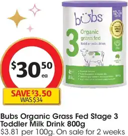 Coles Bubs Organic Grass Fed Stage 3 Toddler Milk Drink offer