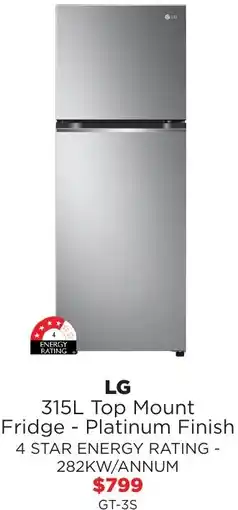 Bing Lee LG 315L Top Mount Fridge Platinum Finish offer