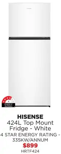 Bing Lee Hisense 424L Top Mount Fridge White offer